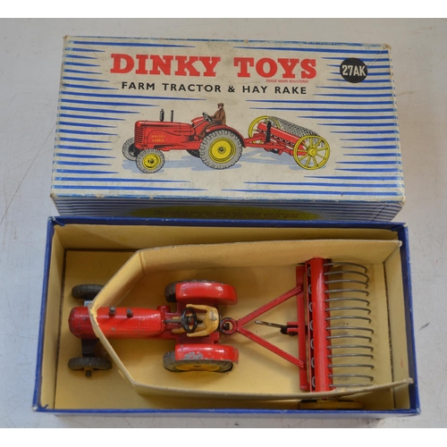 410 - Collection of vintage Dinky diecast model vehicles and trailers to include boxed 27AK Farm Tractor A... 