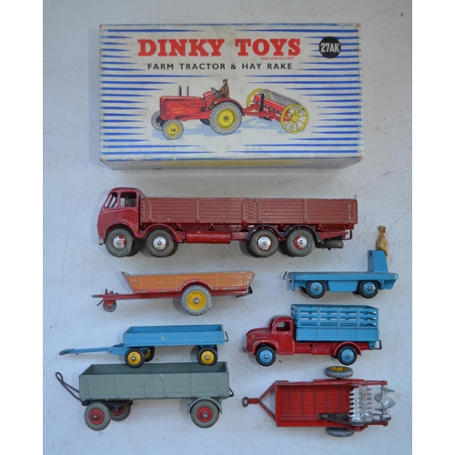 410 - Collection of vintage Dinky diecast model vehicles and trailers to include boxed 27AK Farm Tractor A... 