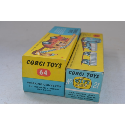 414 - Boxed Corgi Toys 64 Working Conveyor On Forward Control Jeep F.C.150 and 21 E.R.F Dropside Lorry And... 