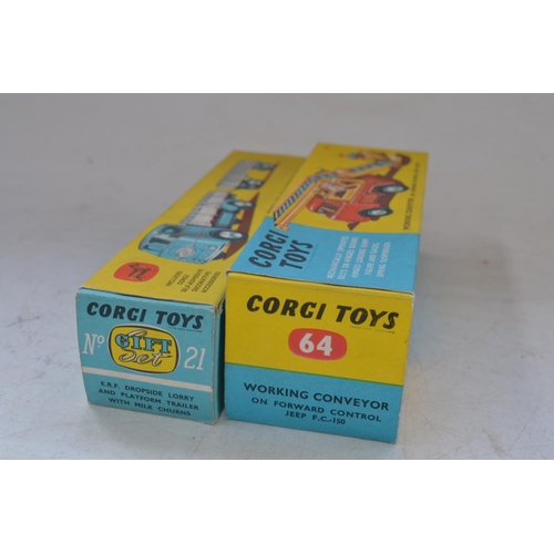 414 - Boxed Corgi Toys 64 Working Conveyor On Forward Control Jeep F.C.150 and 21 E.R.F Dropside Lorry And... 