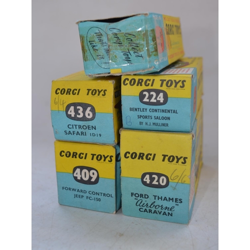 416 - 5x boxed vintage Corgi Toys diecast vehicle models to include 420 Ford Thames Airborne Caravan, 409 ... 