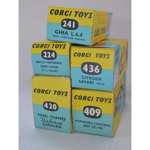 416 - 5x boxed vintage Corgi Toys diecast vehicle models to include 420 Ford Thames Airborne Caravan, 409 ... 