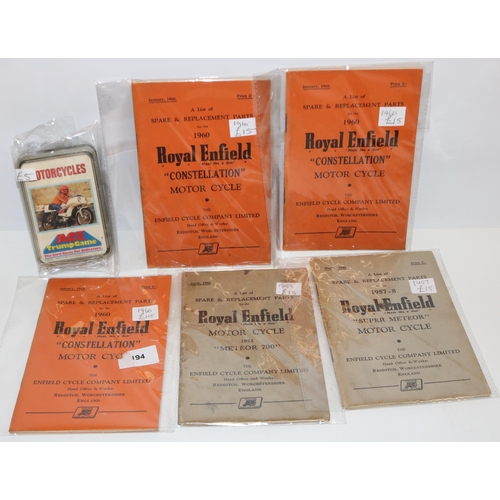 210 - Six spares and replacement parts brochures for Royal Enfield motor cycle and a motor cycle Ace card ... 