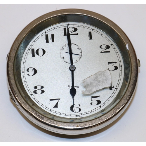 132 - Swiss - C20th 8 day dashboard car clock, Arabic silvered dial with subsidiary seconds, chrome plated... 