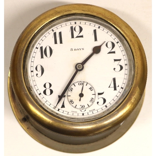 258 - Early c20th GPO 235 Swiss made 8 day car clock, with white enamel dial and subsidiary seconds, case ... 