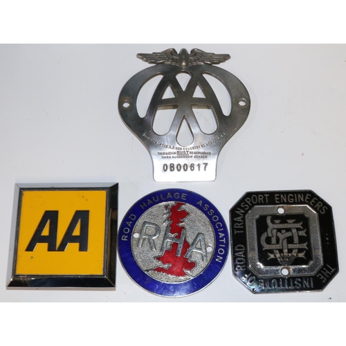 479 - Car bumper badges - RHA, Inst. of Road Transport Engineers,  Vintage chrome AA No 0B00617 and yellow... 