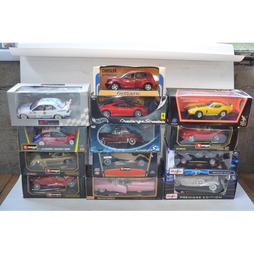 428 - 13x 1/18 scale diecast model vehicles incl. Burago, Maisto, Hot wheels etc.   All boxed.