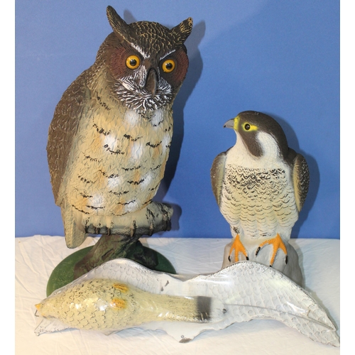 30 - Set of 3 bird scarers inc. large long eared Owl on stand, Peregrine Falcon and a 'Flying' Kestral (3... 
