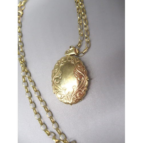 10 - 9ct yellow gold pendant locket necklace with engraving to back, on attached belcher chain, stamped 3... 