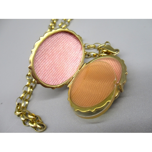 10 - 9ct yellow gold pendant locket necklace with engraving to back, on attached belcher chain, stamped 3... 