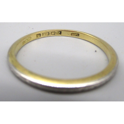 18 - 22ct yellow gold band ring, stamped 22, size Q1/2, 2.4g, and  an 18ct yellow gold and platinum band ... 