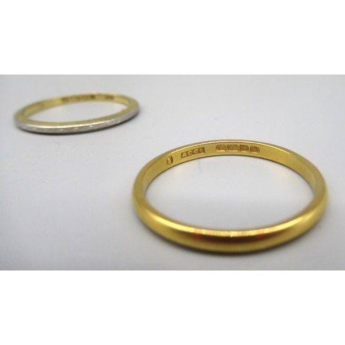 18 - 22ct yellow gold band ring, stamped 22, size Q1/2, 2.4g, and  an 18ct yellow gold and platinum band ... 