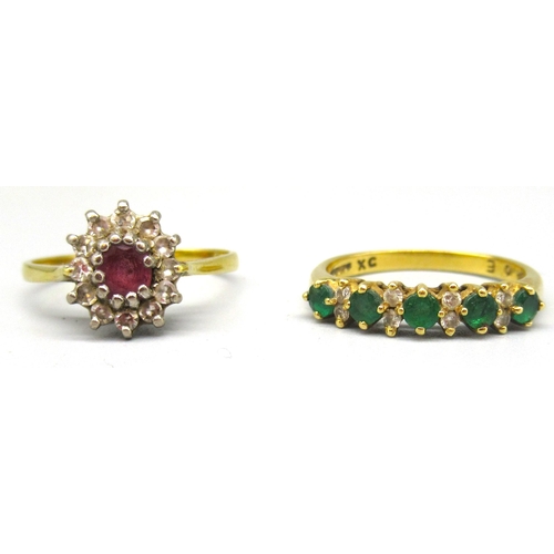 18ct yellow gold diamond and emerald ring, stamped 750, size P, and an 18ct yellow gold diamond and ruby cluster ring, stamped 750, 6.0g