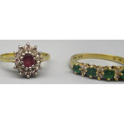 19 - 18ct yellow gold diamond and emerald ring, stamped 750, size P, and an 18ct yellow gold diamond and ... 