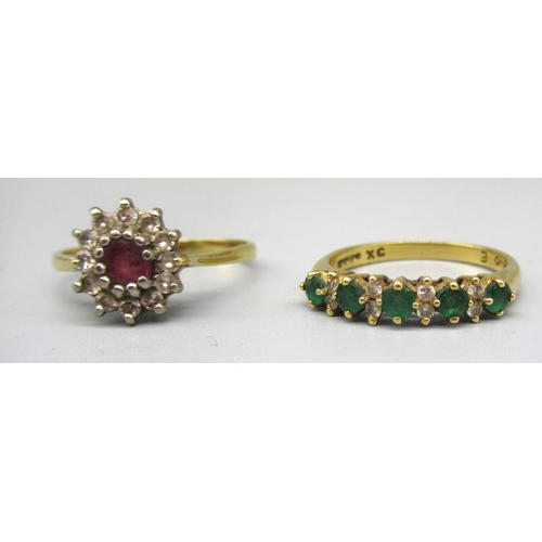 19 - 18ct yellow gold diamond and emerald ring, stamped 750, size P, and an 18ct yellow gold diamond and ... 