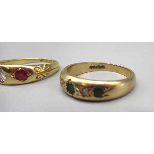 20 - 9ct yellow gold gypsy style diamond and emerald ring, stamped 375 size O, 3.3g and an 18ct gold ruby... 