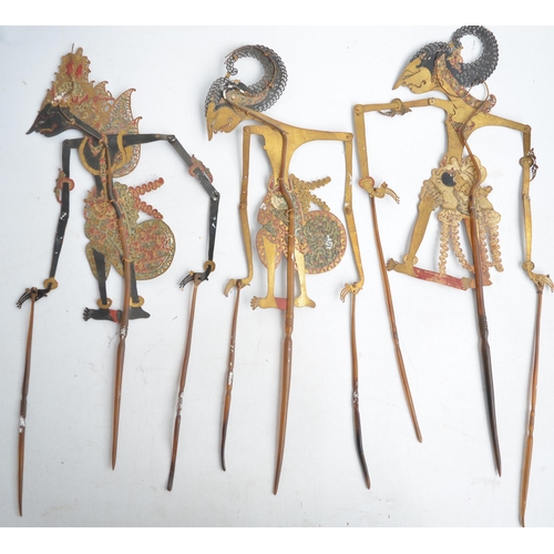 650 - Three vintage Javanese Wayang Kulit buffalo leather articulated shadow puppets