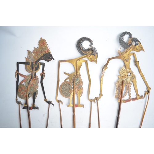 650 - Three vintage Javanese Wayang Kulit buffalo leather articulated shadow puppets