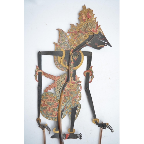 650 - Three vintage Javanese Wayang Kulit buffalo leather articulated shadow puppets