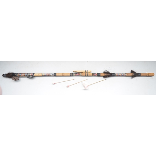 655 - Tribal style cane blowpipe with 3 steel tipped darts, L142cm