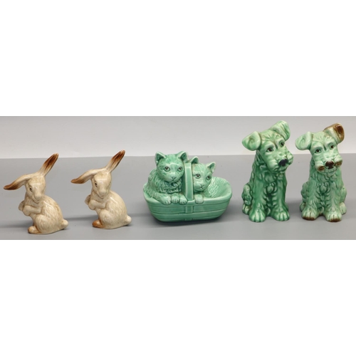 1252 - Sylvac ceramic figures: two terrier figures #1378, two cats in a basket #1296, and two lop eared rab... 