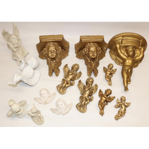 1260 - Pair of heavy gilt plaster wall sconces modelled as putti H19cm, another similar sconce H30cm, five ... 