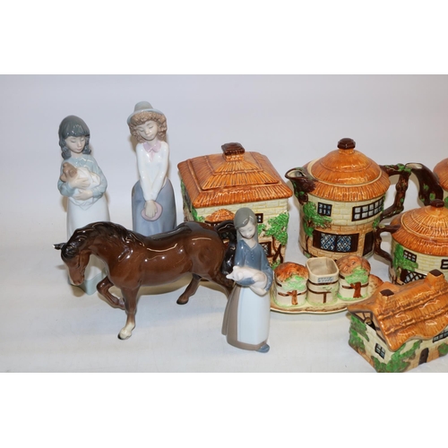 1264 - Group of ceramics, comprising Beswick jogging mare No. 1090 in gloss; Lladro figure No. 1011; two Na... 