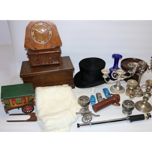 1265 - Group of assorted items, incl. Swift three draw telescope in leather case; Art Deco mantle clock mar... 