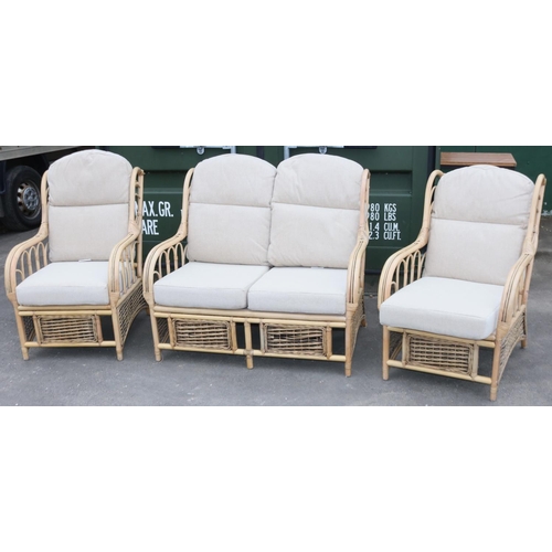 1274 - Habasco bamboo style conservatory suite comprising 2-seater sofa and 2 arm chairs, with grey/beige c... 