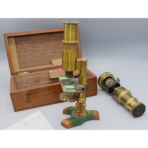 226 - Two early C20th lacquered students brass microscopes, one with original fitted mahogany box, H18.5cm