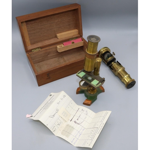 226 - Two early C20th lacquered students brass microscopes, one with original fitted mahogany box, H18.5cm