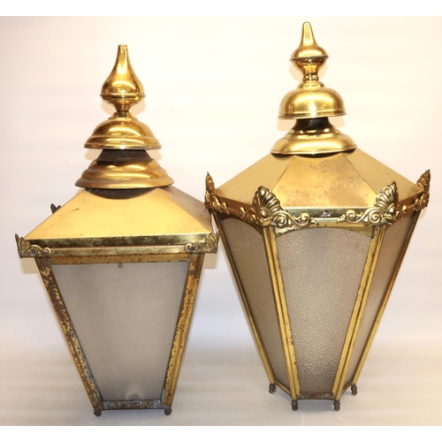 238 - Two C19th style hexagonal brass lantern with frosted glazed panels, H72cm (2)