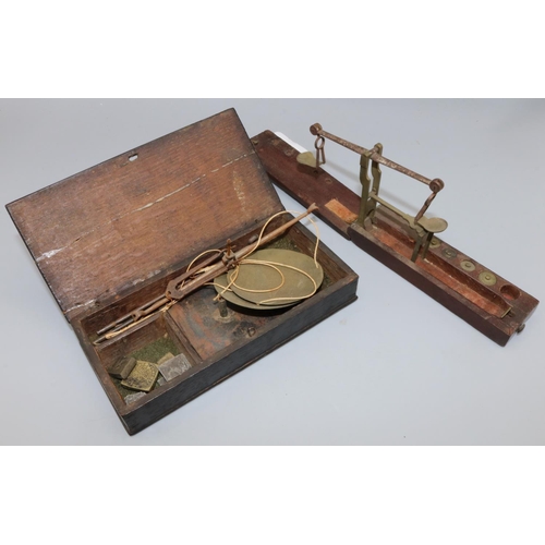 248 - C19th mahogany cased folding brass and steel gold scales and C19th oak cased brass and steel hand he... 