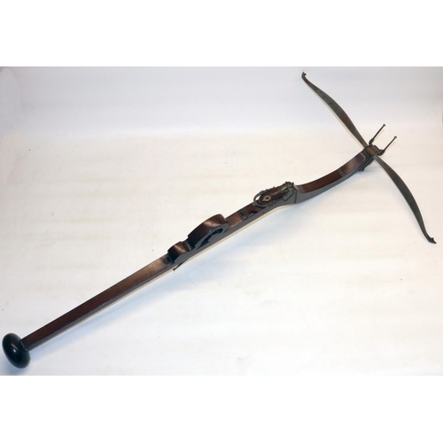 255 - C19th Continental pellet crossbow, hardwood stock with engraved steel fittings, L100cm