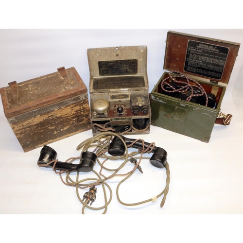 302 - WWII British Telephone Set “F” MkII, 1938 P.T. & E.W. Telephone Set D.Mk.V, two bakelite hand sets a... 