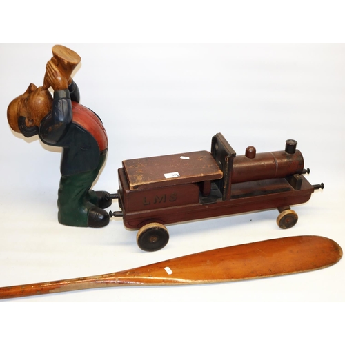 336 - 1930's children's L.M.S. No.235 painted wooden ride on locomotive with lift out stool seat L63cm, va... 