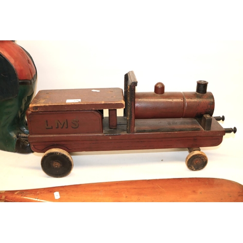 336 - 1930's children's L.M.S. No.235 painted wooden ride on locomotive with lift out stool seat L63cm, va... 