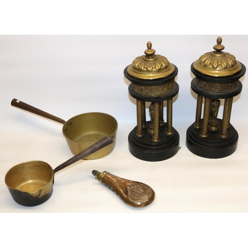 337 - Pair of Victorian slate and brass clock garniture temples H34cm, C19th copper and brass powder flask... 