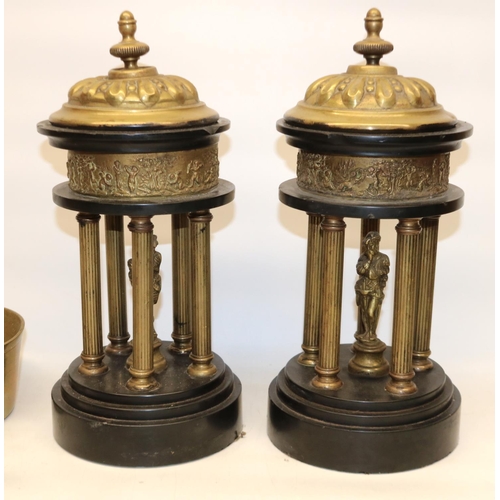 337 - Pair of Victorian slate and brass clock garniture temples H34cm, C19th copper and brass powder flask... 