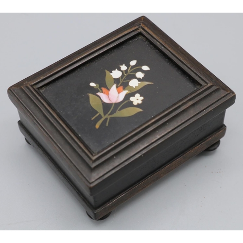 360 - Small early C20th box, hinged lid with inset pietra dura floral panel, turned feet, L7cm