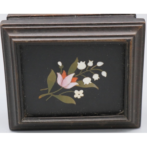 360 - Small early C20th box, hinged lid with inset pietra dura floral panel, turned feet, L7cm