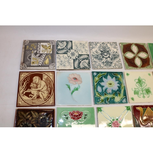 362 - Collection of twenty C19th fireplace tiles, incl. transfer printed and relief designs, Mintons, etc.