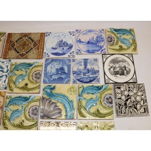 364 - Collection of eighteen C19th fireplace tiles, incl. transfer printed and relief designs, TA Simpson,... 