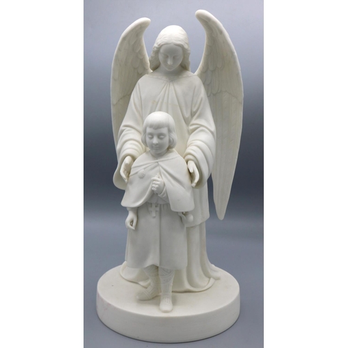 368 - Minton Parian ware figural group, modelled as an angel and boy holding rosary beads, H32cm A/F