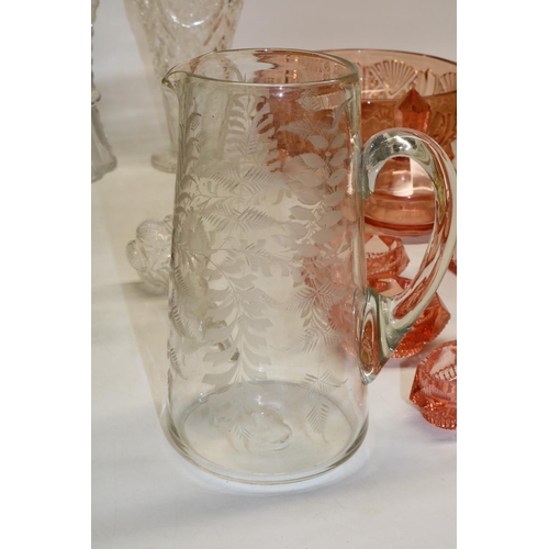 376 - Group of C19th and C20th glassware, incl. Victorian lemonade jug decorated with ferns; Czech type dr... 