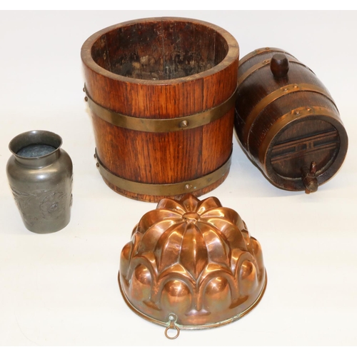 378 - Costrel type oak barrel with copper bands L19cm; copper and tin jelly mould; pewter vase relief deco... 