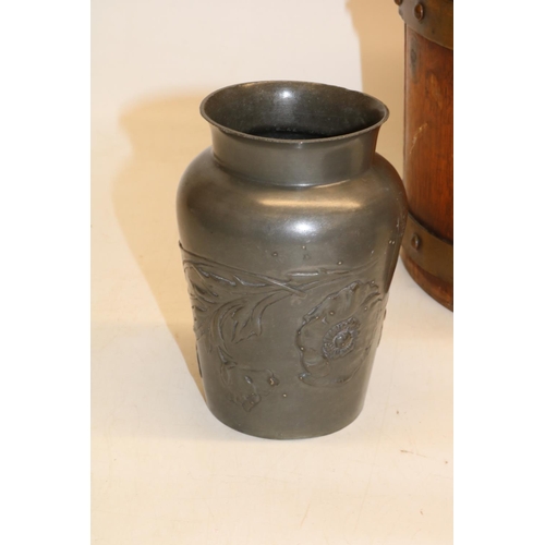 378 - Costrel type oak barrel with copper bands L19cm; copper and tin jelly mould; pewter vase relief deco... 