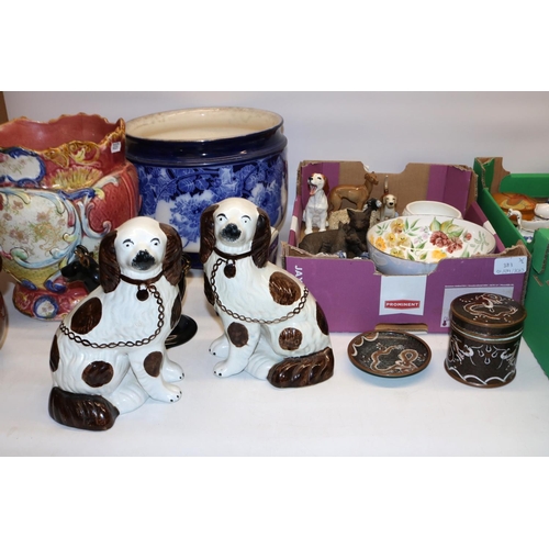 383 - Mixed group of ceramics incl. Royal Doulton jardinière and dog, pair of mantle dogs, Japanese cloiso... 