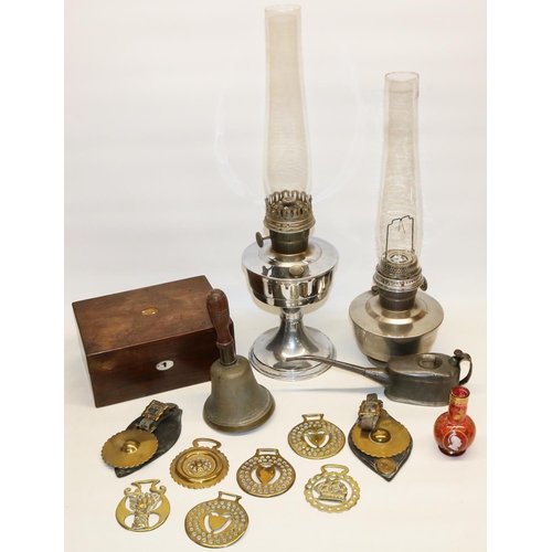 384 - Mixed lot incl. C19thC Bohemian glass vase with cameo portrait, half pint oiler, chrome oil lamp, ho... 