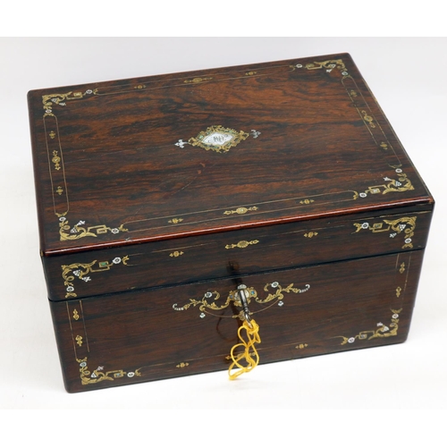 385 - Victorian rosewood dressing box with inlaid brass and mother of pearl decoration, interior lined in ... 